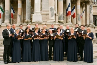 Chorale mixte chantant La Marseillaise devant un monument néoclassique français avec drapeaux tricolores