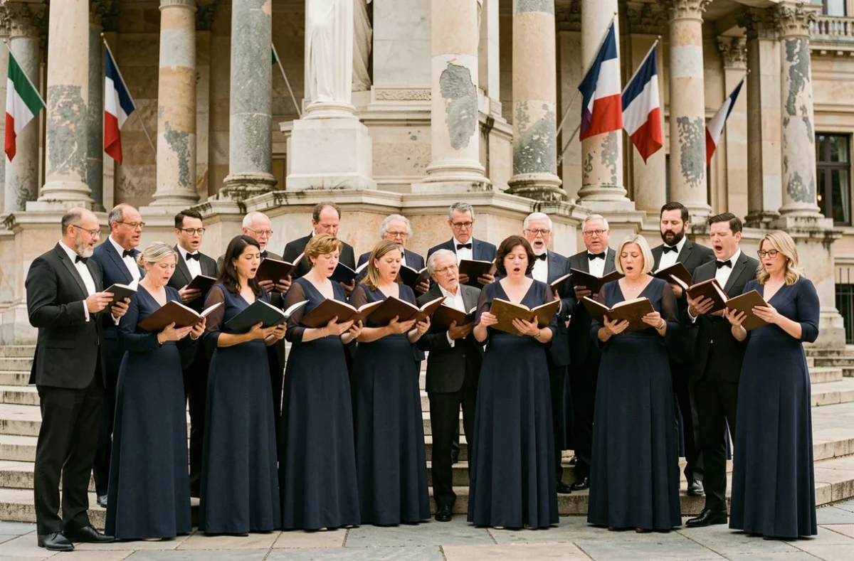 Chorale mixte chantant La Marseillaise devant un monument néoclassique français avec drapeaux tricolores