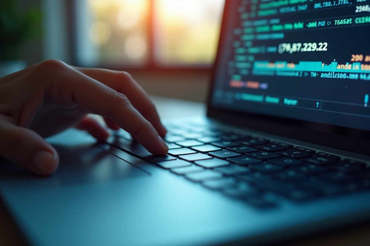 Clavier d'ordinateur avec une IP en lumière dans un bureau