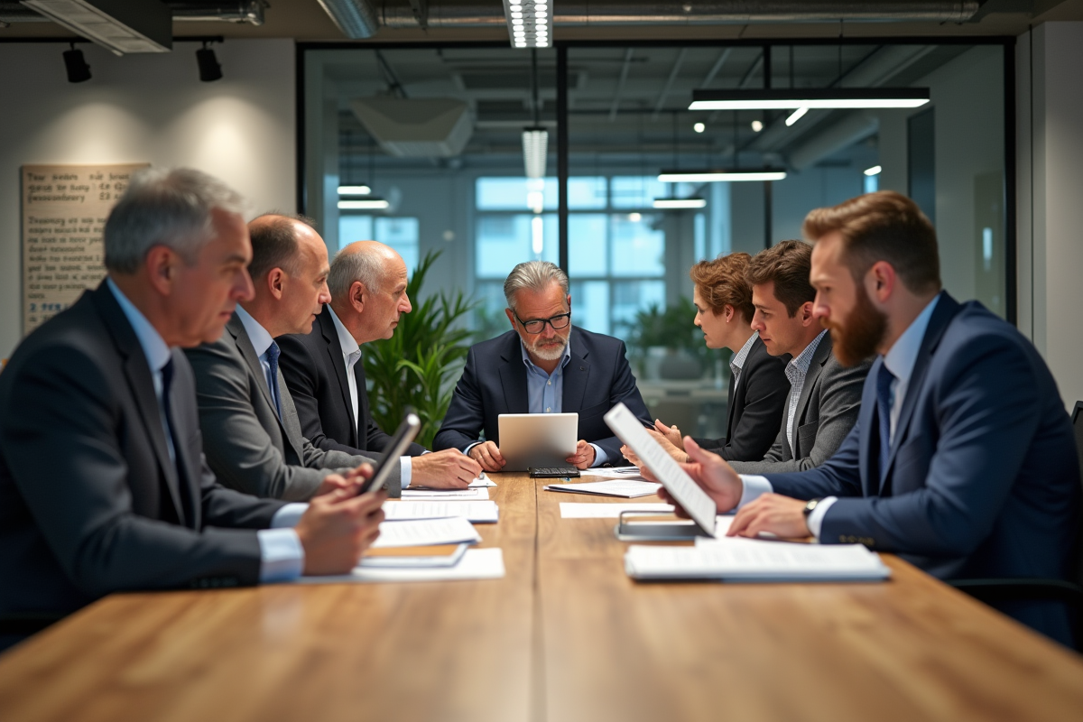 Équipe de cadres travaillant avec table et tablettes dans un espace ouvert