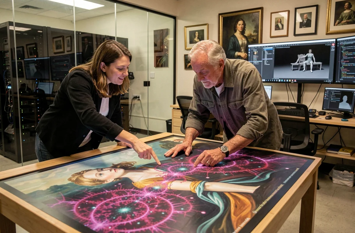 Deux artistes collaborant sur une table tactile numérique combinant peinture classique et art génératif dans un laboratoire de recherche artistique futuriste