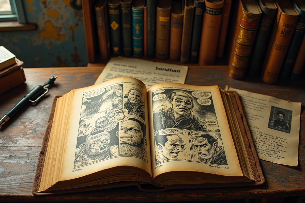 Comics Spider-Man ouverts sur des pages de l'Homme Sable Flint Marko posés sur un bureau en bois avec des notes de recherche manuscrites
