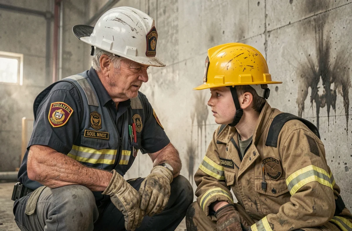 Commandant de pompiers expérimenté guidant un jeune pompier lors d'un exercice de formation