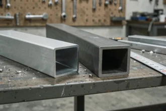 Comparaison côte à côte d'un tube rectangulaire en aluminium et d'un profilé en acier sur un établi d'atelier