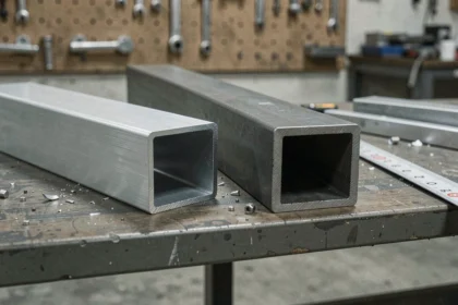Comparaison côte à côte d'un tube rectangulaire en aluminium et d'un profilé en acier sur un établi d'atelier