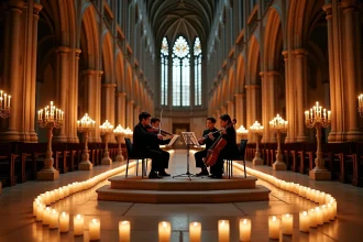 Quatuor à cordes jouant dans une cathédrale de Lyon entourée de bougies lors d'un concert Candlelight 2026