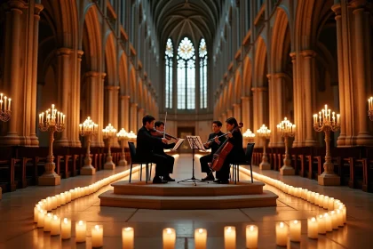 Quatuor à cordes jouant dans une cathédrale de Lyon entourée de bougies lors d'un concert Candlelight 2026