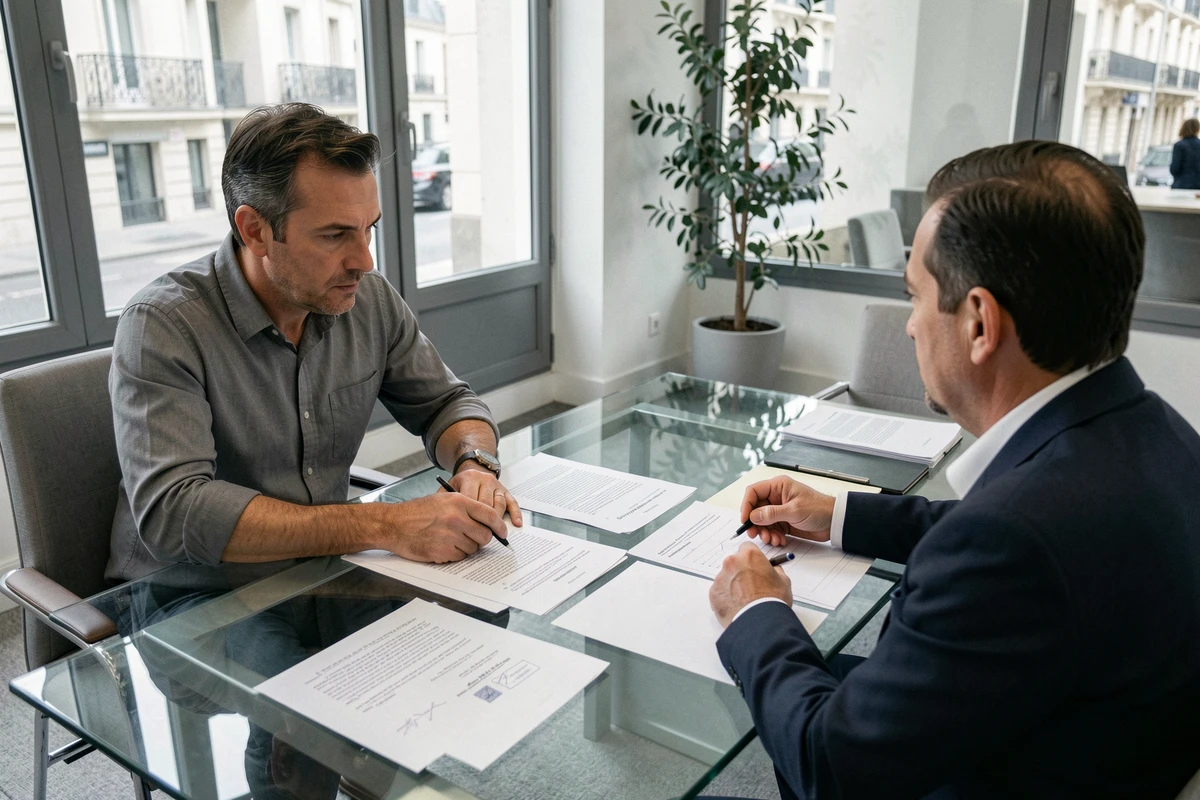 Homme consultant un conseiller juridique en France pour contester une amende routière reçue en Espagne