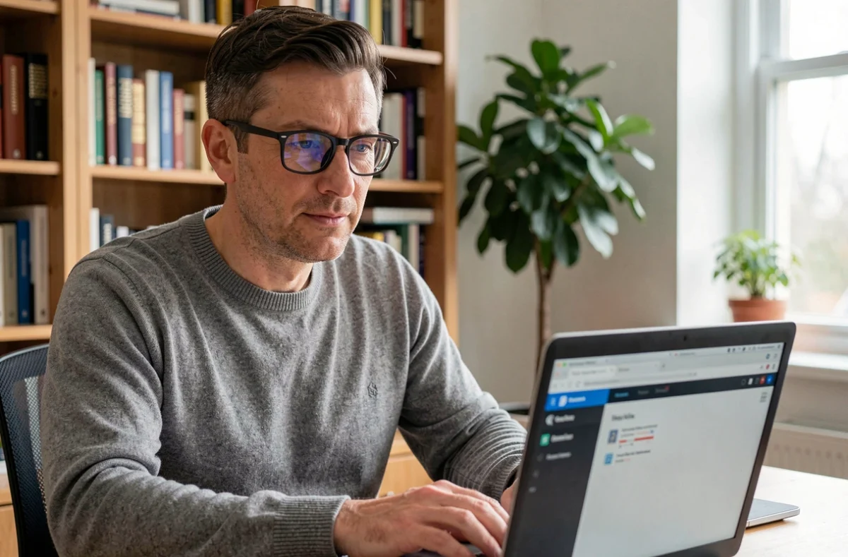Homme consultant un site sécurisé sur son ordinateur portable dans un bureau à domicile