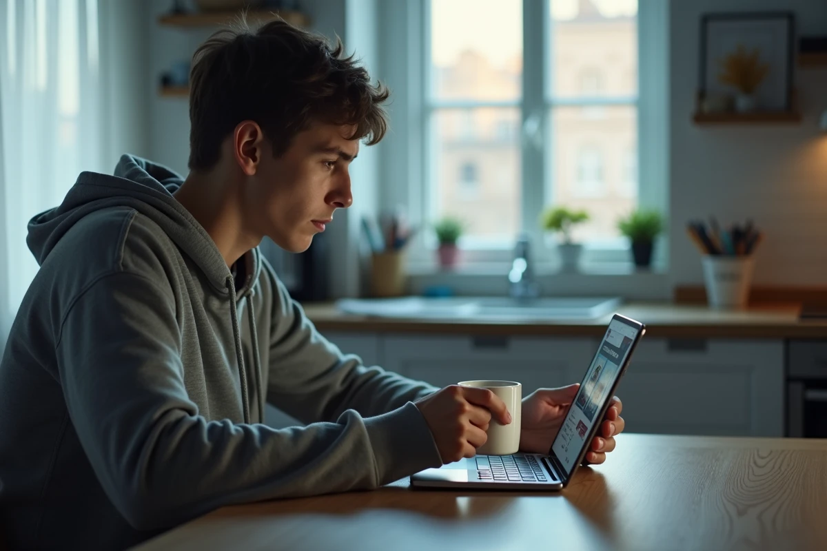 Personne sceptique consultant une plateforme de voyance en ligne bon marché sur son smartphone dans une cuisine moderne