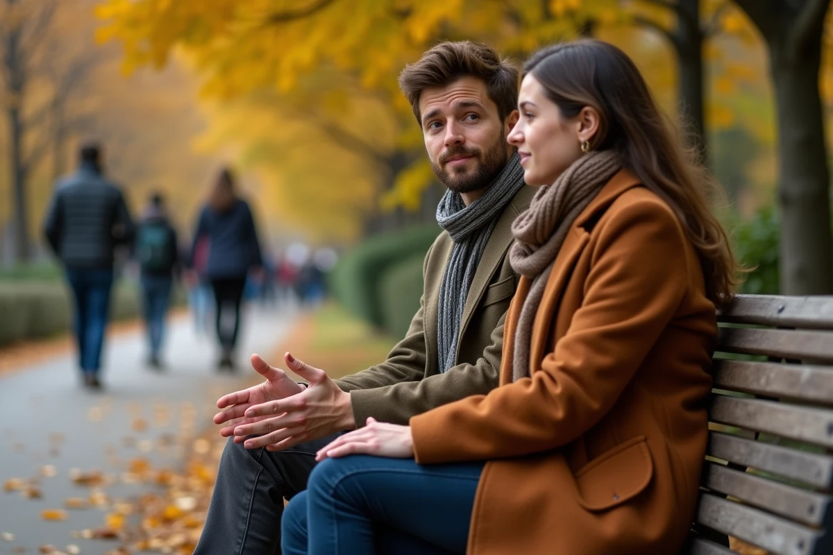Deux jeunes professionnels en conversation authentique dans un parc en automne, symbolisant l'écoute active et la communication bienveillante