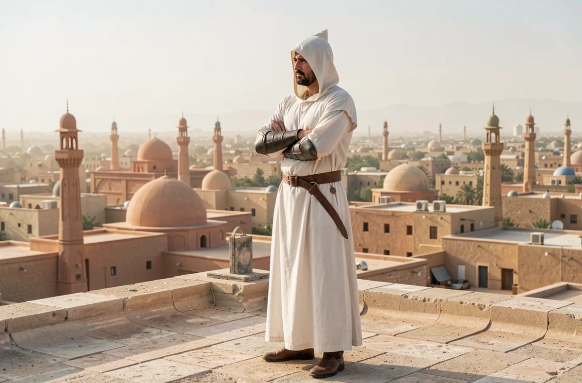 Cosplayeur en tenue d'Altaïr Ibn-La'Ahad sur un toit de pierre face à une cité du Moyen-Orient inspirée des Croisades