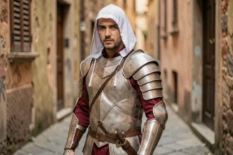 Cosplayeur incarnant Ezio Auditore dans une ruelle pavée de style Renaissance florentine avec armure en cuir et capuche blanche