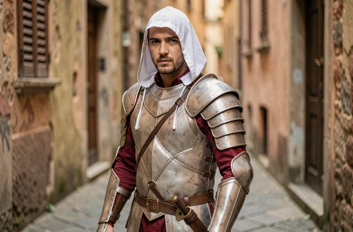 Cosplayeur incarnant Ezio Auditore dans une ruelle pavée de style Renaissance florentine avec armure en cuir et capuche blanche