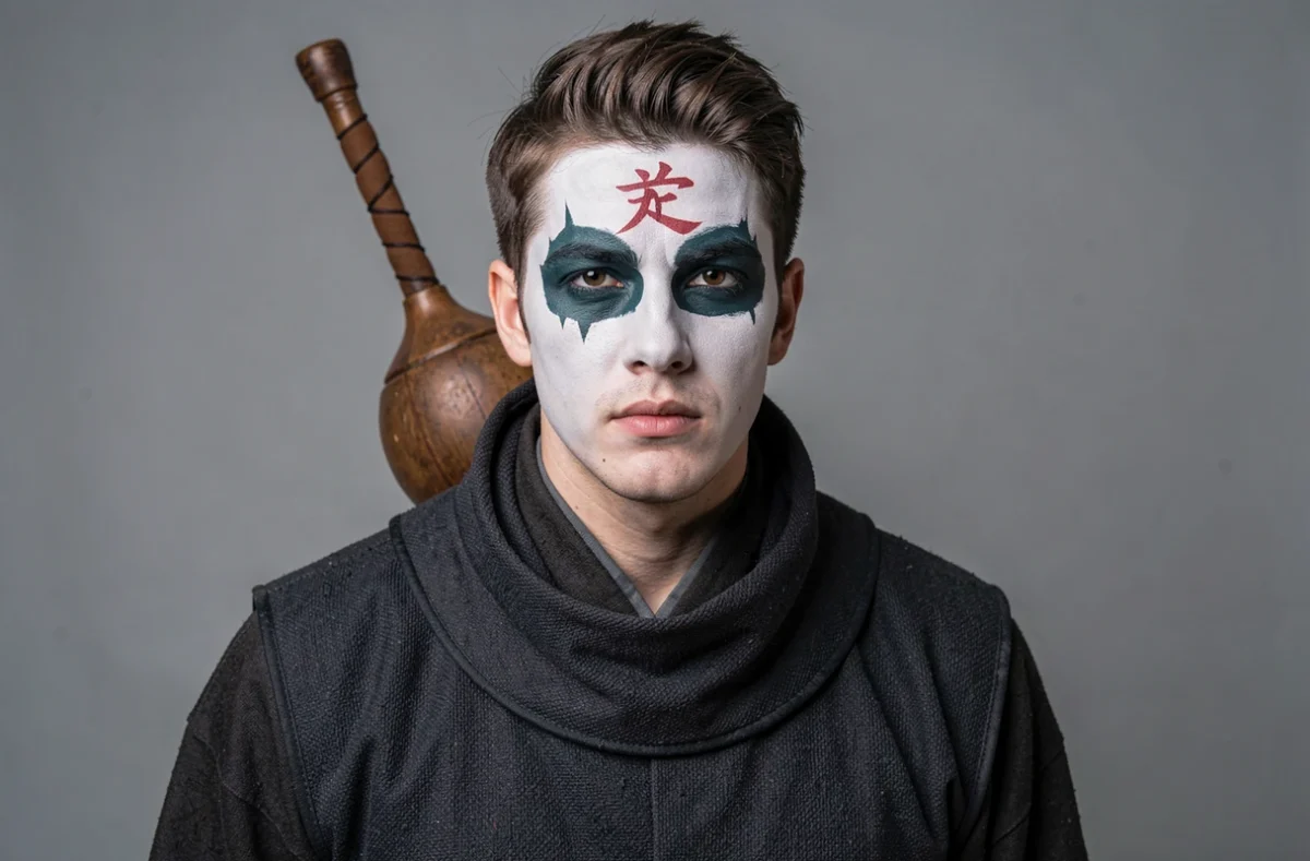 Jeune homme en cosplay complet de Gaara avec maquillage détaillé, tatouage kanji rouge sur le front et costume de ninja du village du sable