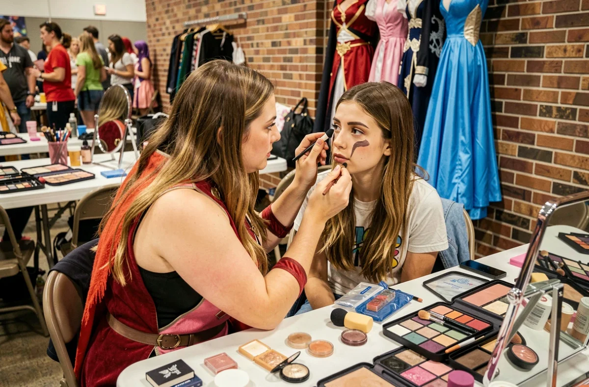 Deux cosplayeuses appliquant ensemble le maquillage de Gaara dans les coulisses d'une convention, entourées de palettes et d'accessoires de déguisement