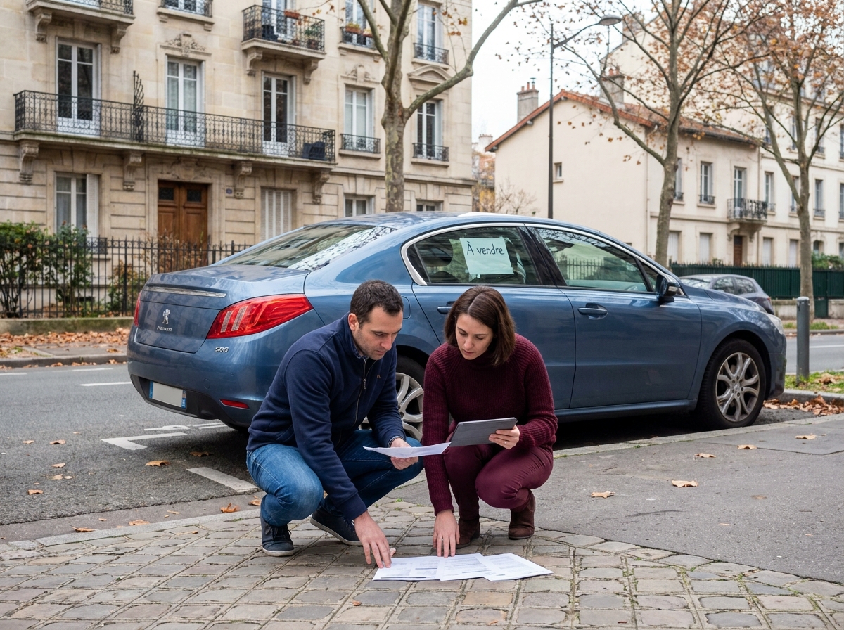 Couple français examinant des documents pour l'achat d'une voiture d'occasion entre particuliers