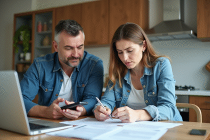 Couple d'adultes analysant des documents de prêt immobilier à la maison