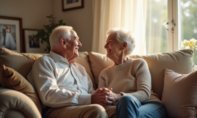 Couple âgé souriant assis sur un sofa chaleureux