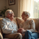 Couple âgé souriant assis sur un sofa chaleureux
