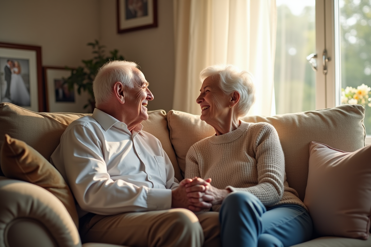 Couple âgé souriant assis sur un sofa chaleureux