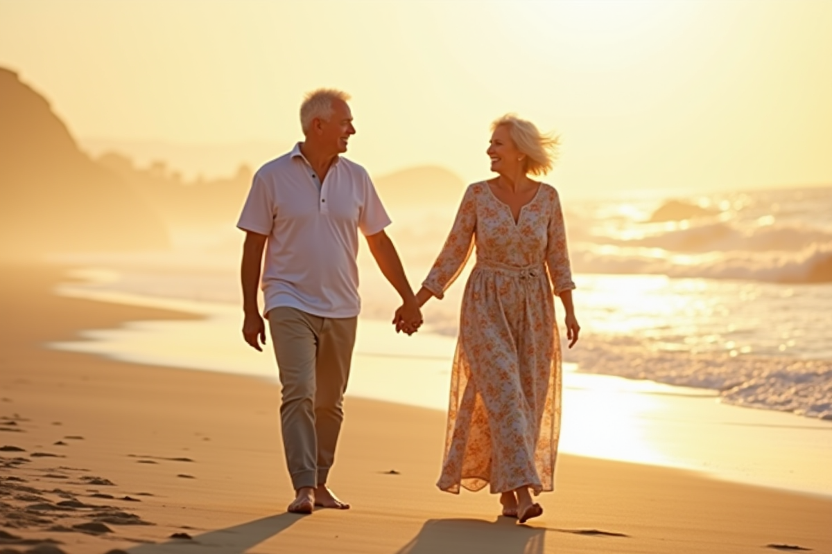 Couple souriant marchant sur la plage ensoleillee