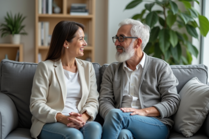 Couple assis sur un sofa dans un cabinet de thérapie moderne