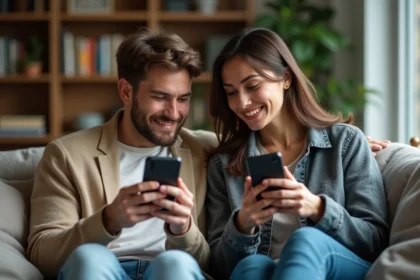 Jeune couple souriant avec smartphones dans un salon chaleureux