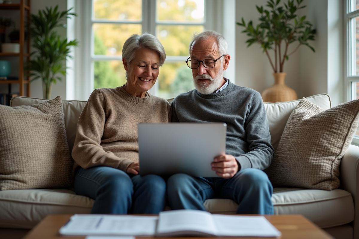 Couple discutant avec un conseiller retraite via ordinateur à la maison