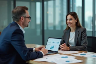 Courtier en assurance conseillant une directrice financière lors d'une réunion professionnelle en entreprise