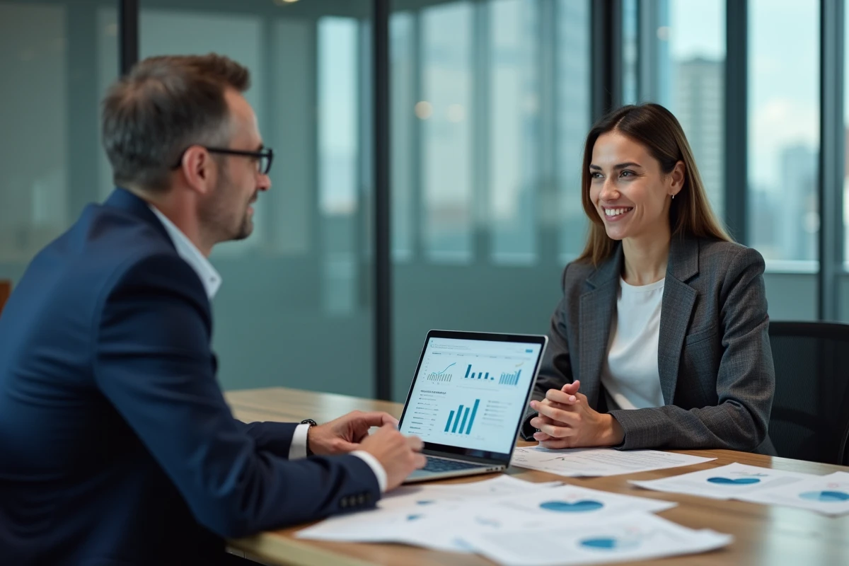 Courtier en assurance conseillant une directrice financière lors d'une réunion professionnelle en entreprise