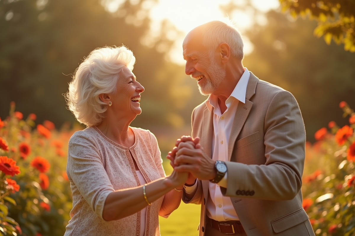 Couple âgé dansant dans un jardin ensoleille