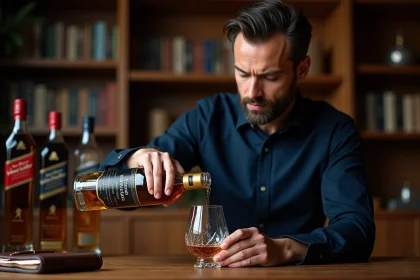Homme versant du whisky Johnnie Walker Black Label dans un verre de dégustation lors d'une soirée comparative à domicile