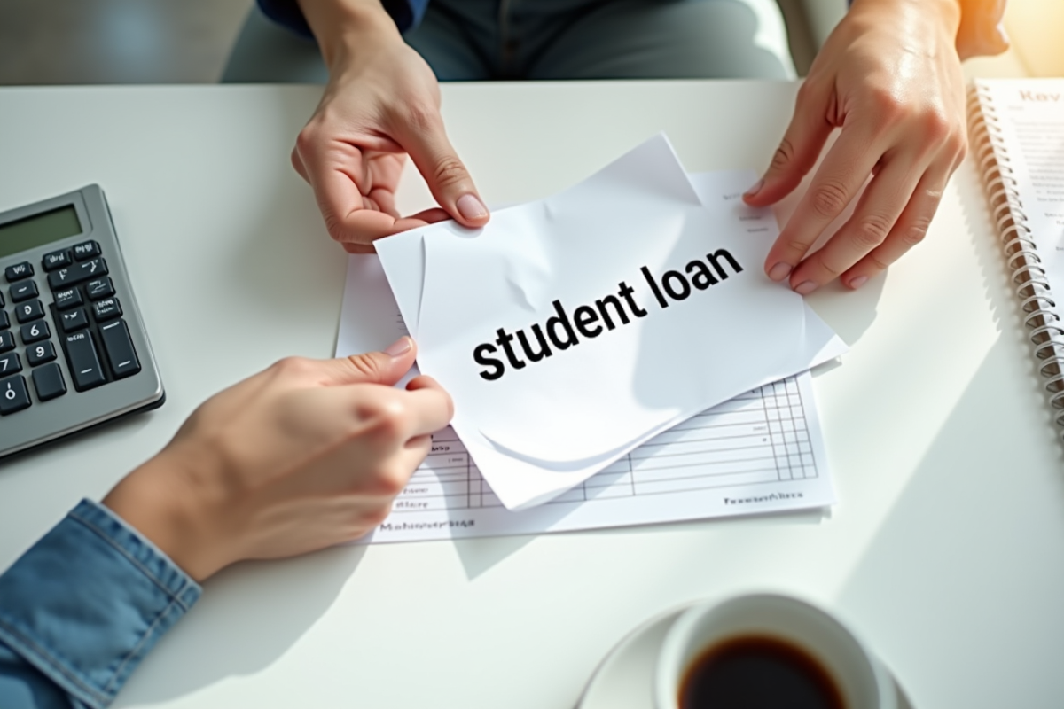 Deux mains déchirant un papier pret étudiant sur une table blanche