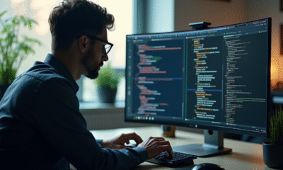Développeur concentré tapant sur un clavier avec un écran de code C