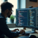 Développeur concentré tapant sur un clavier avec un écran de code C