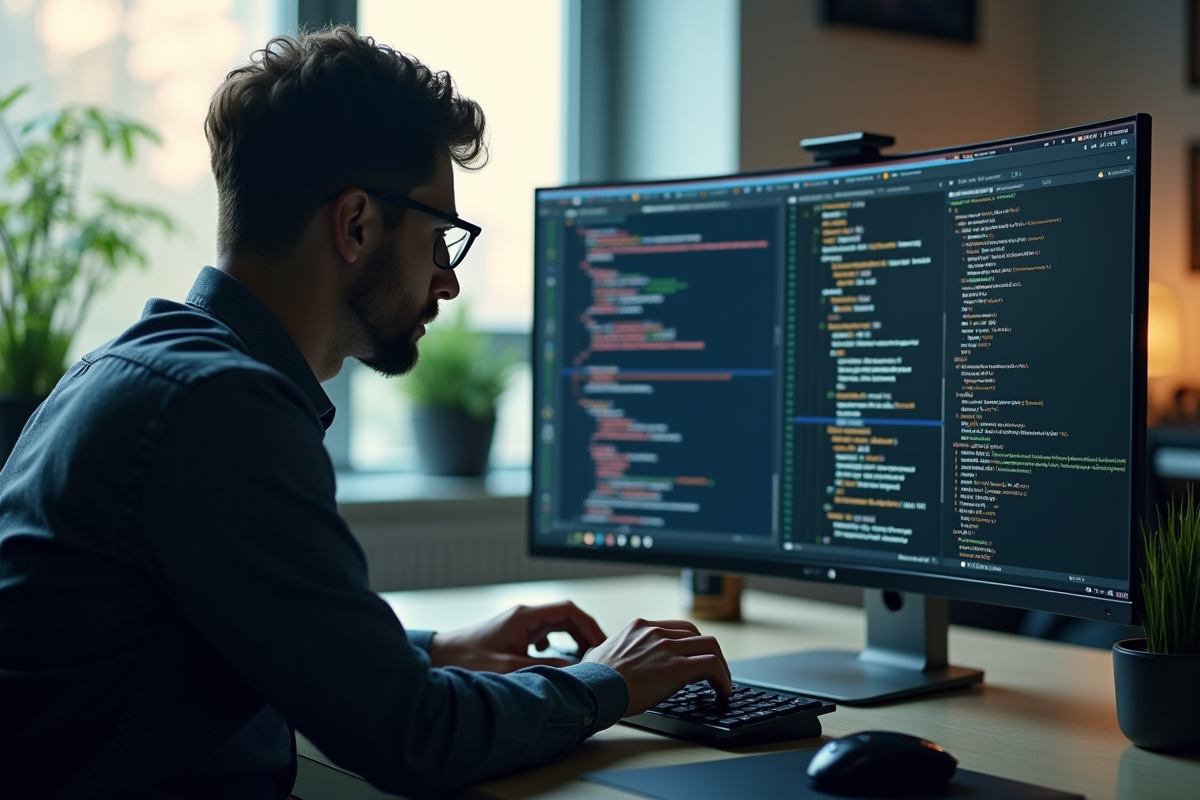 Développeur concentré tapant sur un clavier avec un écran de code C