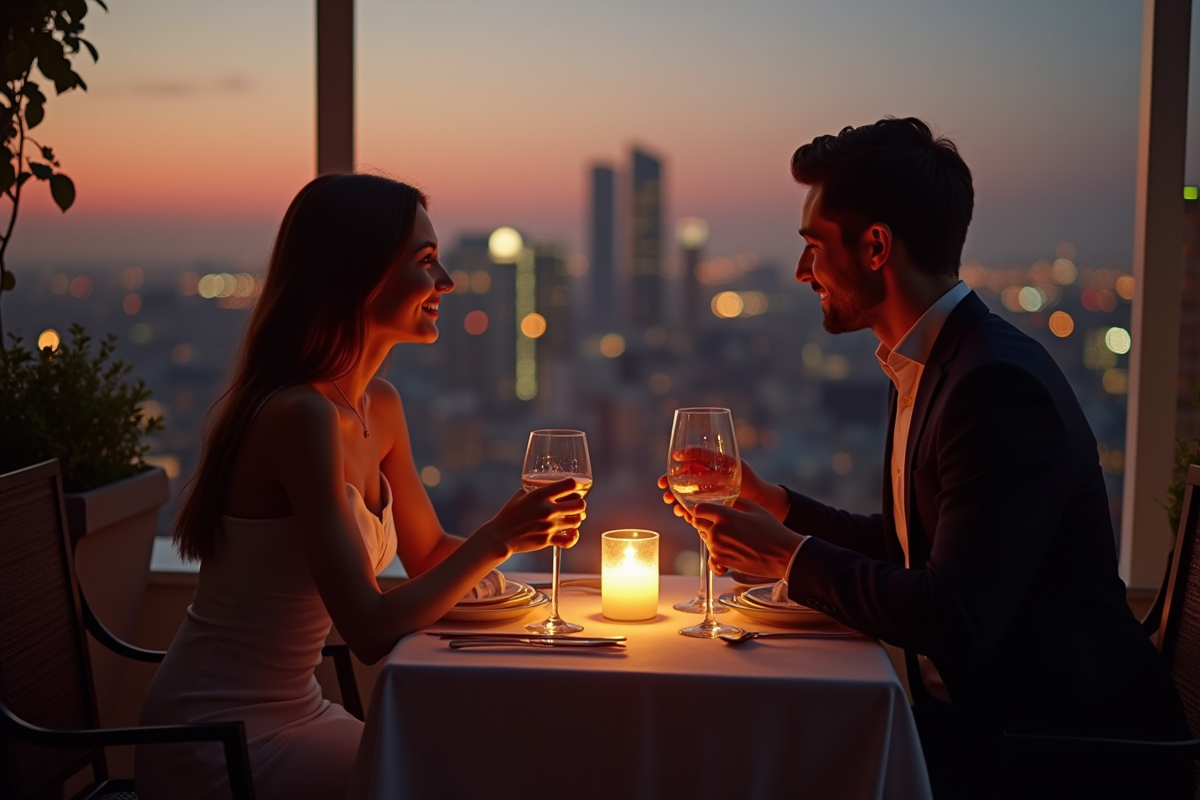 Couple dinant en tete a tete sur un toit urbain