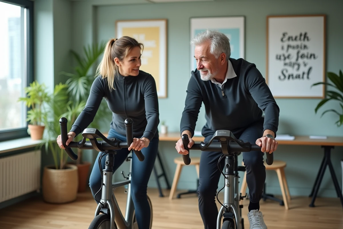 Homme et femme discutant sur vélos stationnaires dans salle lumineuse