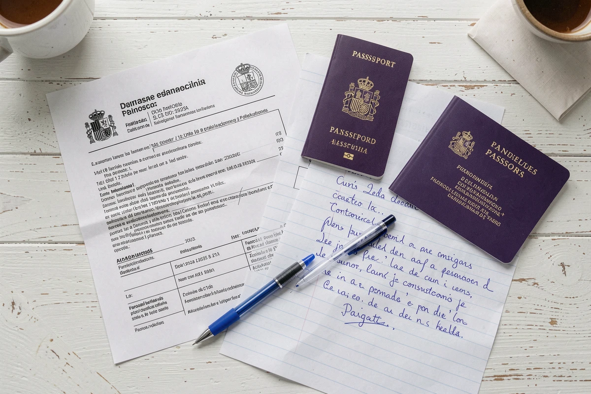 Vue de dessus d'un dossier de contestation d'amende espagnole avec passeport français, lettre manuscrite et document officiel