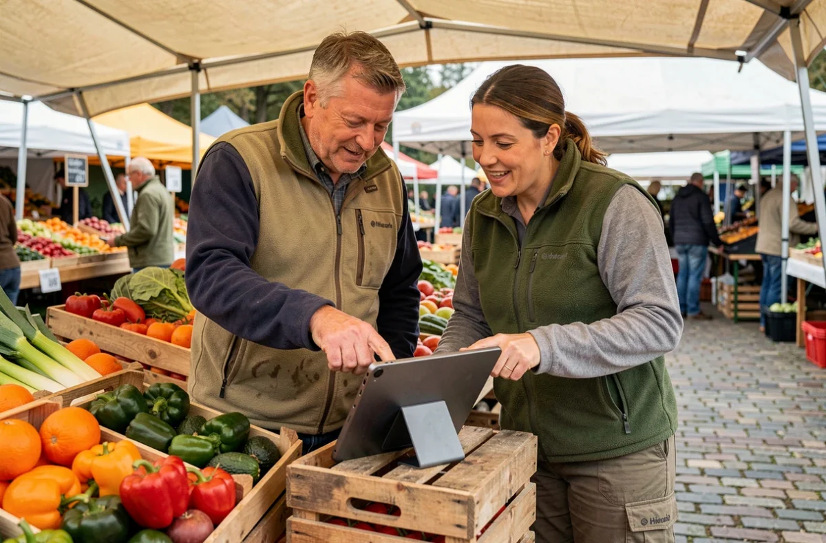 Deux agriculteurs échangeant sur la plateforme Agri Convivial autour d'une tablette au marché local