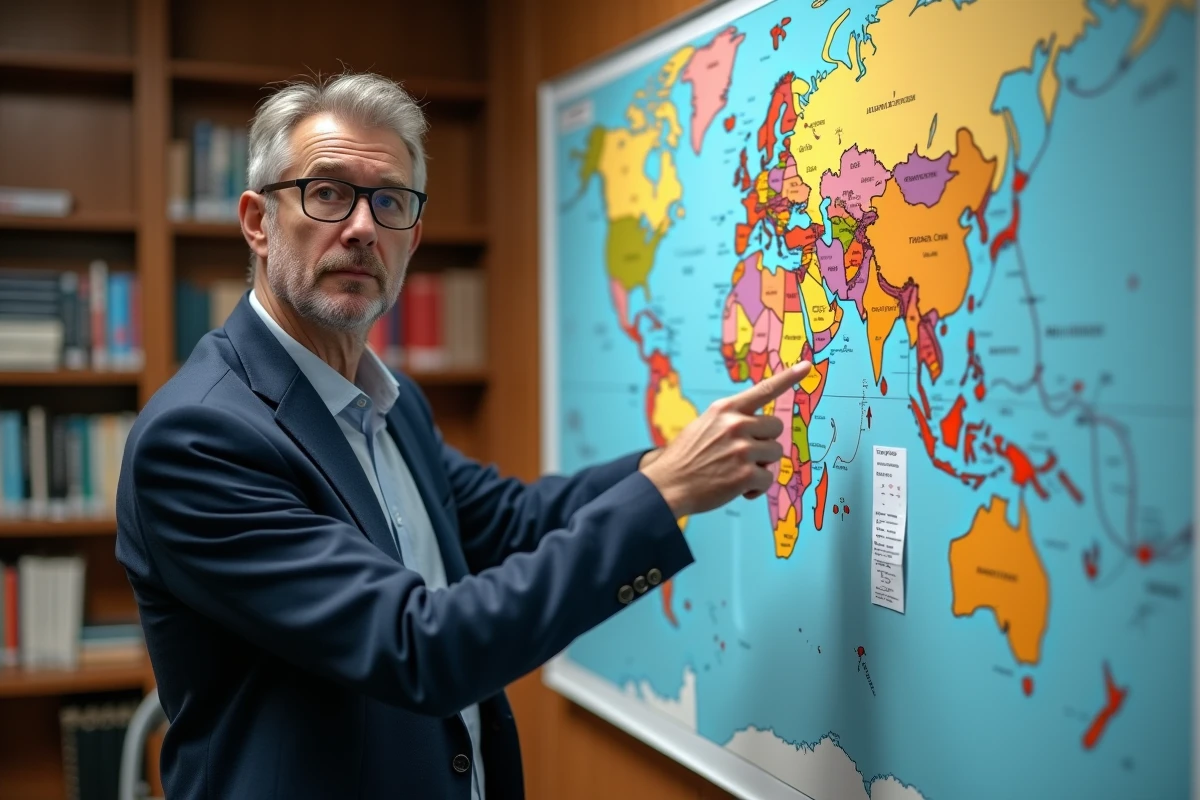 Économiste devant une carte du monde annotée illustrant la dotation factorielle en économie internationale