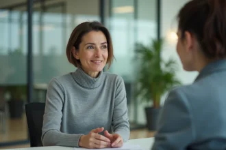 Femme attentive en train d'écouter activement un collègue dans un bureau moderne, illustrant la différence entre écouter et entendre