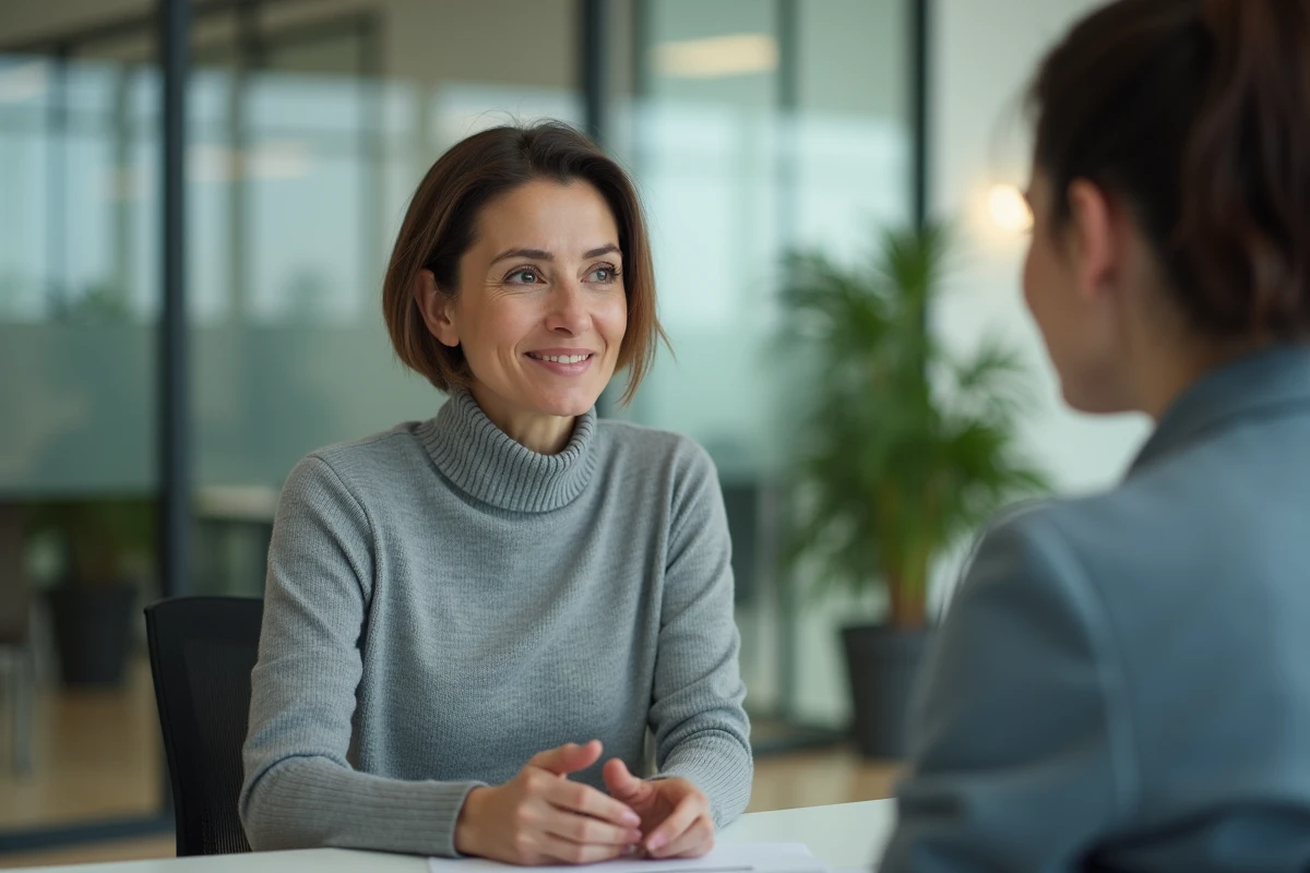 Femme attentive en train d'écouter activement un collègue dans un bureau moderne, illustrant la différence entre écouter et entendre