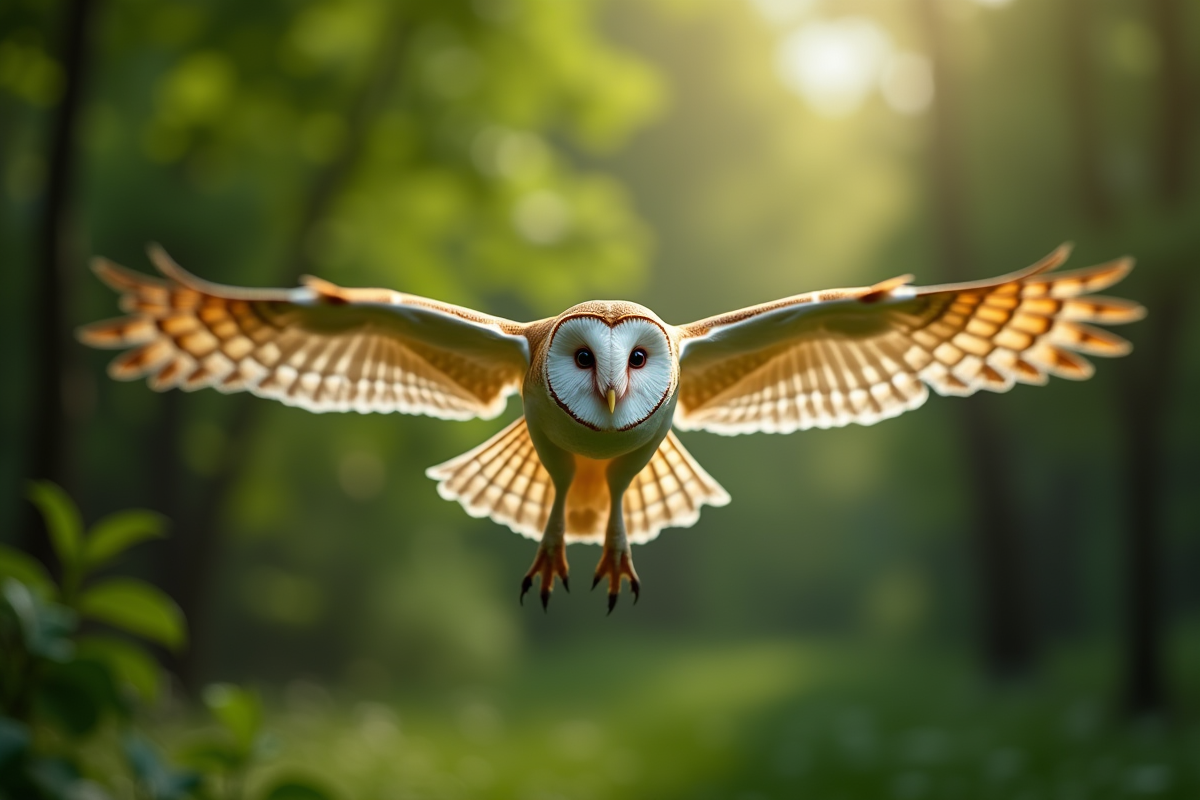 Effraie en vol dans une forêt verte en plein jour