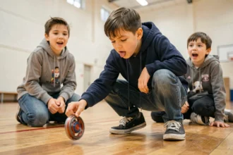 Enfant concentré lançant une toupie Beyblade sur un parquet de gymnase entouré de camarades curieux
