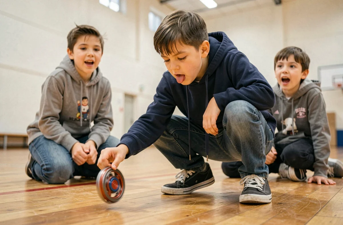Enfant concentré lançant une toupie Beyblade sur un parquet de gymnase entouré de camarades curieux