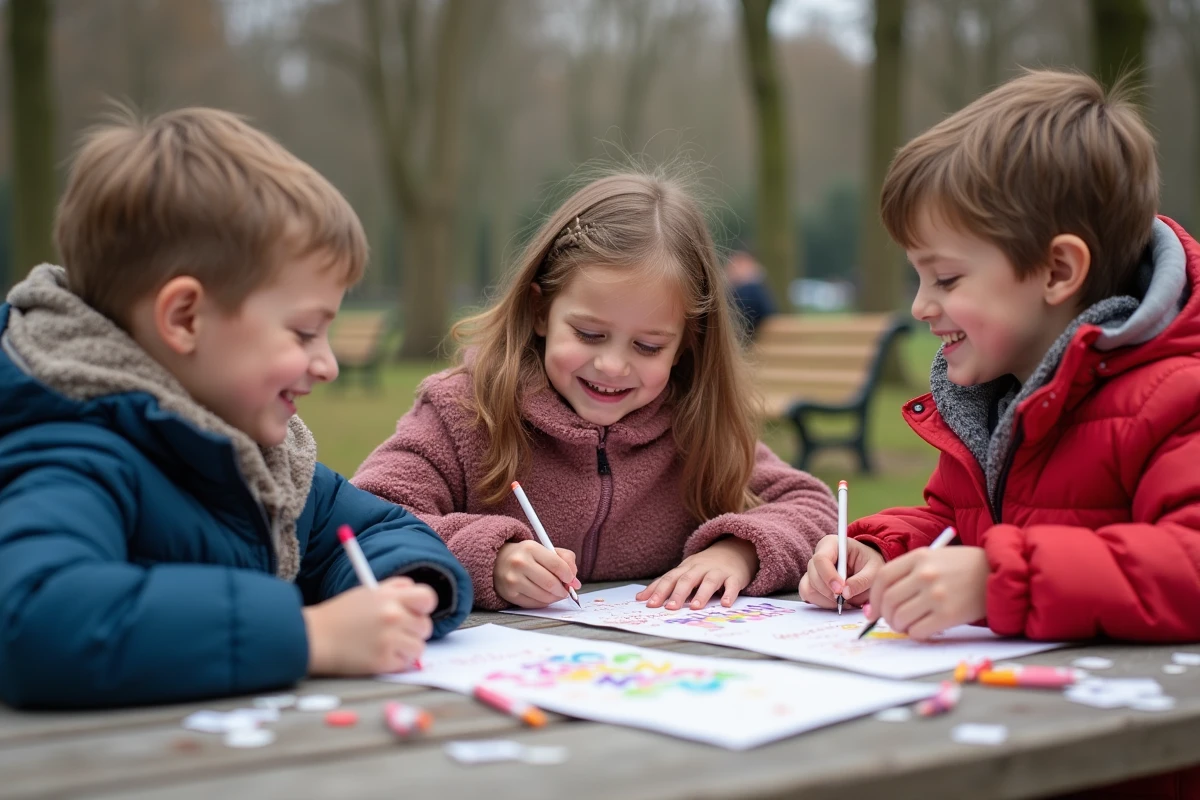 Enfants dessinant et échangeant des cartes de bonne année
