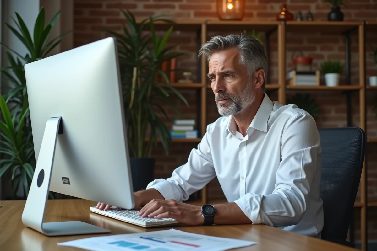 Chef d'entreprise comparant des offres d'assurance directe en ligne dans son bureau