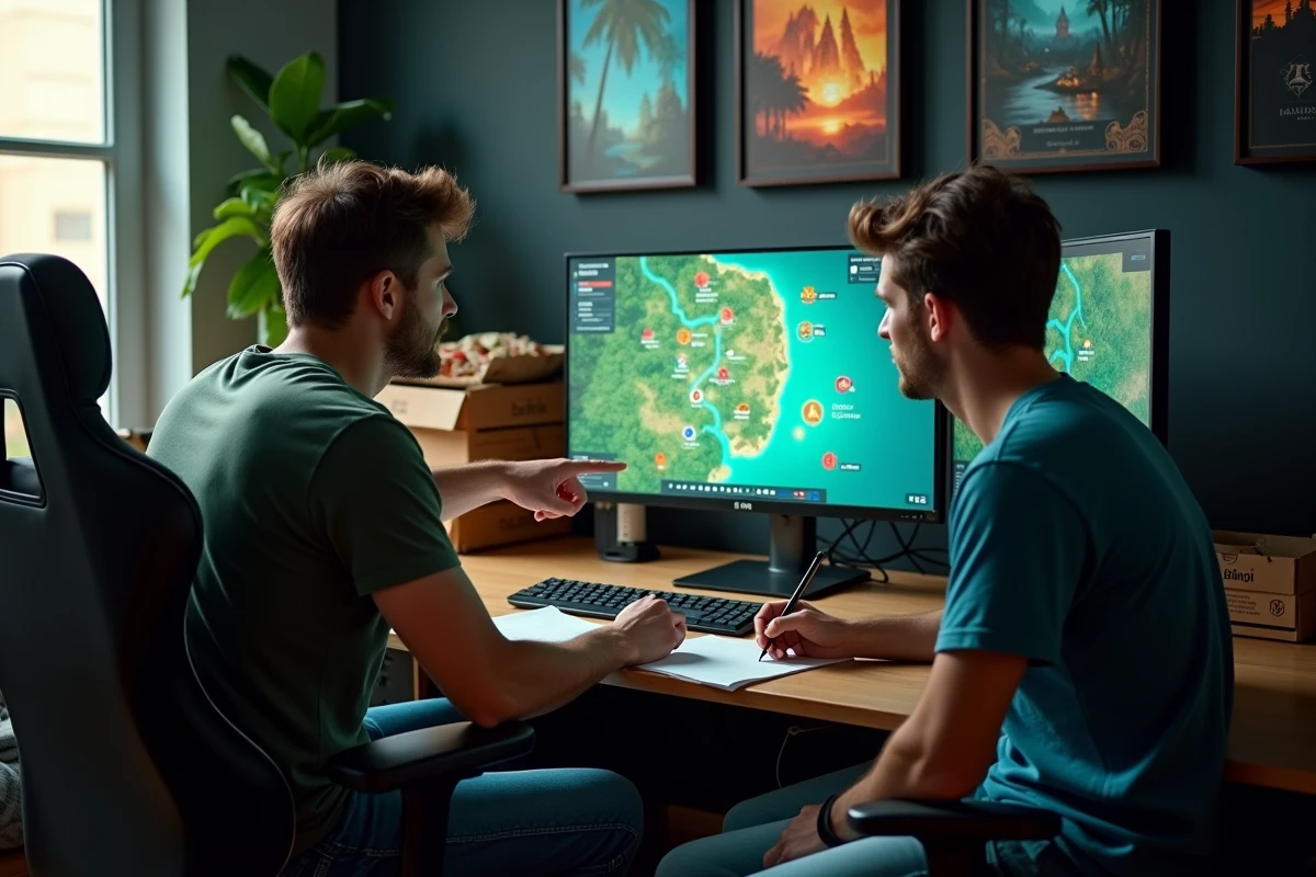 Deux joueurs de Dofus en train de planifier ensemble leur stratégie de farming en utilisant un outil de suivi de portails en ligne